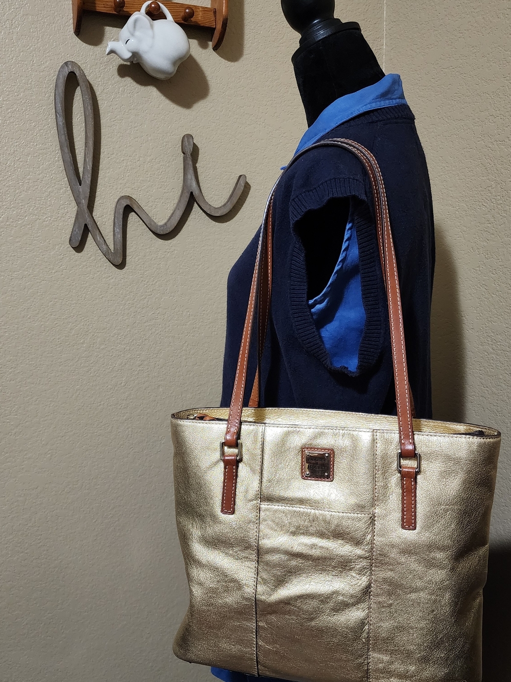 Dooney & Bourke Gold Leather Tote with Brown Straps